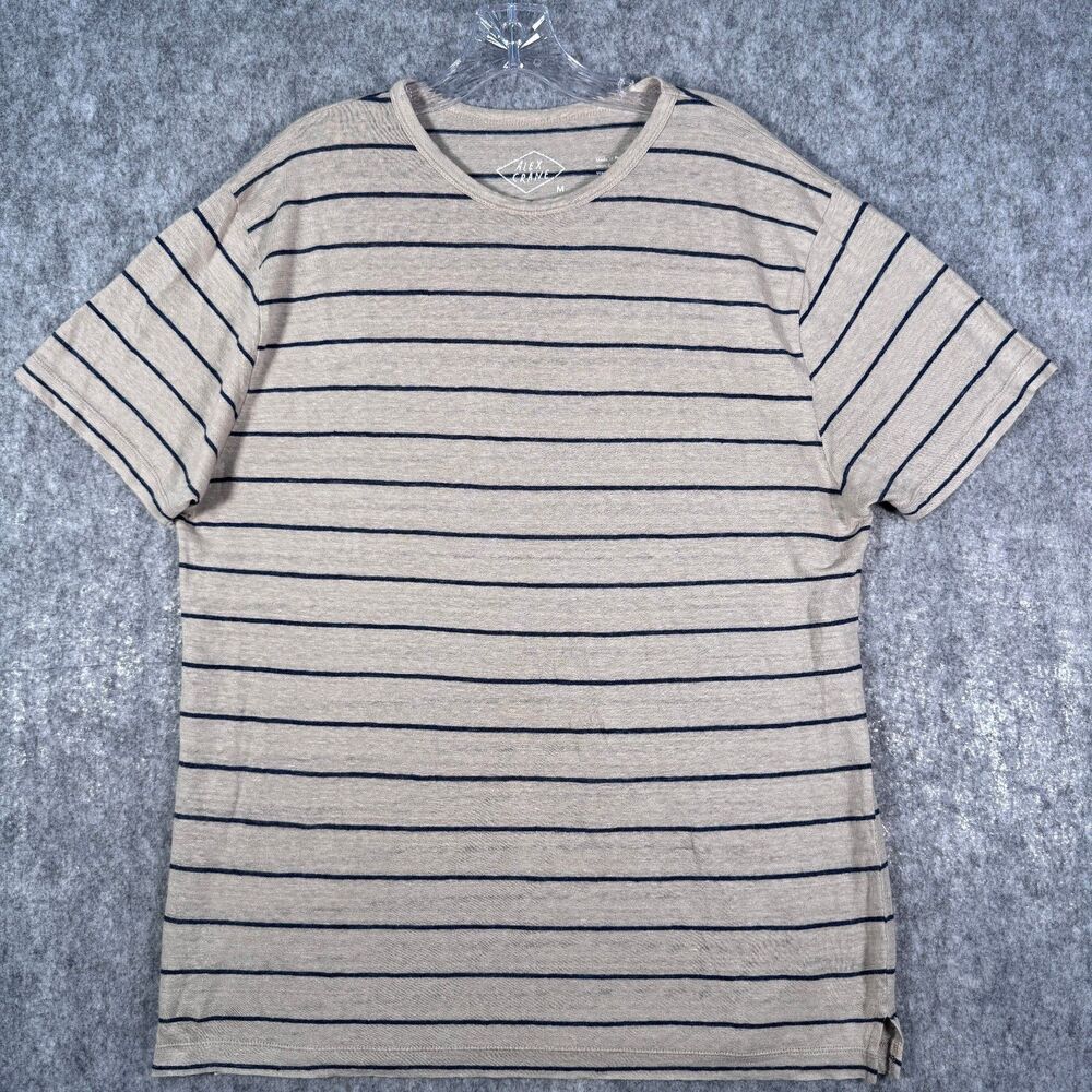 Alex Crane T Shirt Mens Medium Beige European Linen Short Sleeve Blue Striped